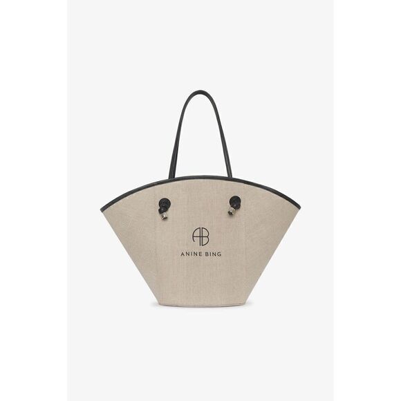 ANINE BING Taylin Linen Tote Bag Beige Brown Silver Hardware NEW - Picture 3 of 10